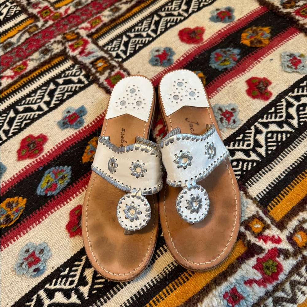Jack Rogers White and Silver Leather Sandals